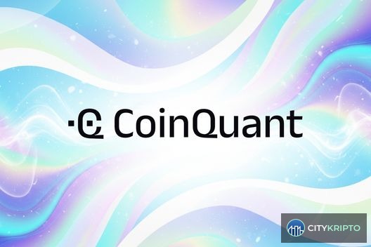 Логотип CoinQuant на фоне графиков криптовалют и иконок AI-агентов