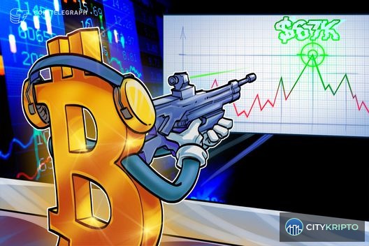 График Bitcoin с разрывами CME фьючерсов и отметкой $67 000