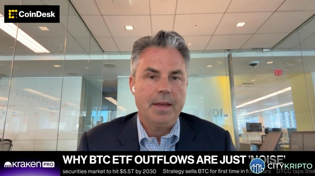 График оттока Bitcoin ETF и логотипы Уолл-стрит на фоне биткоина