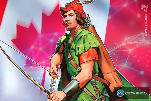 Логотип Robinhood на фоне карты Канады, символизирующий выход компании на канадский рынок криптовалют