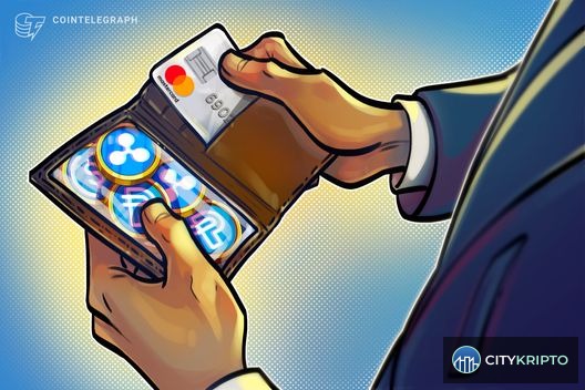 Mastercard логотип и стейблкоины USDC, PYUSD, RLUSD на фоне блокчейн сети