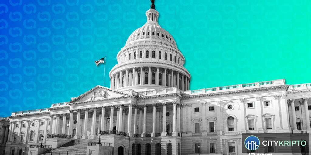 Здание Конгресса США с символами криптовалют Bitcoin и USDT на фоне