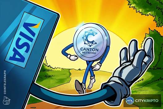 Логотип Visa на фоне блокчейн-сети Canton и стейблкоинов