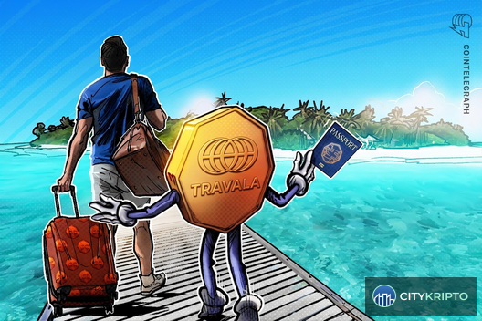 Логотип Travala на фоне блокчейна Base с символом USDC