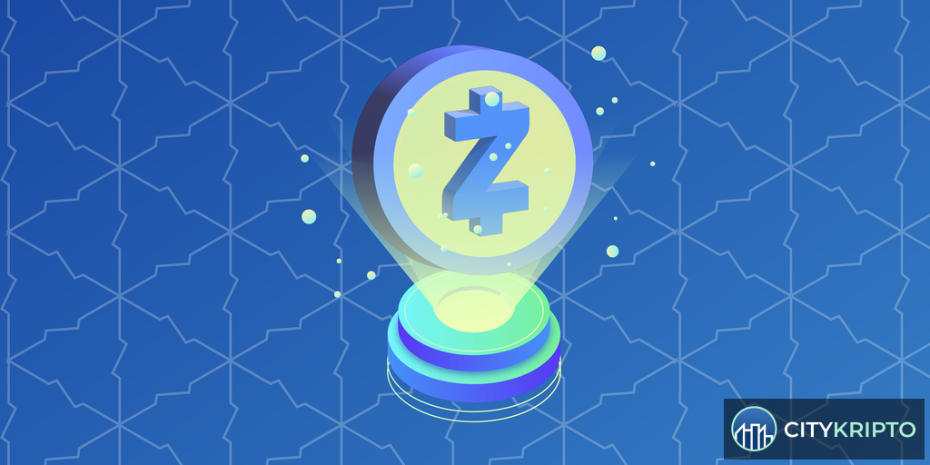 Логотип Zcash (ZEC) на фоне блокчейн-сети с символами приватности