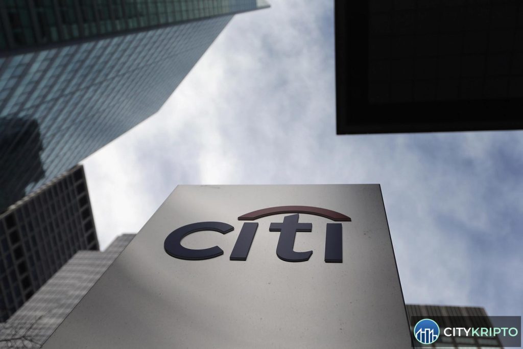 Логотип Citi на фоне блокчейн-сети