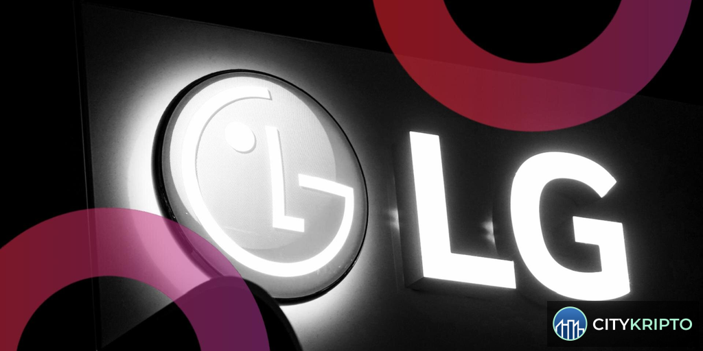 Логотип LG Electronics и Arbitrum на фоне блокчейн-сети