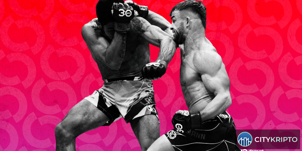 Октагон UFC с логотипами криптофирм на фоне Белого дома