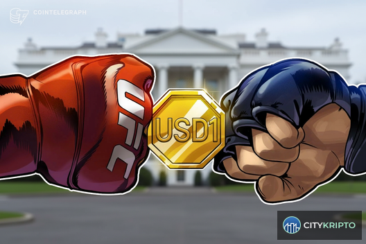 Логотип UFC и стейблкоин USD1 на фоне долларовых купюр