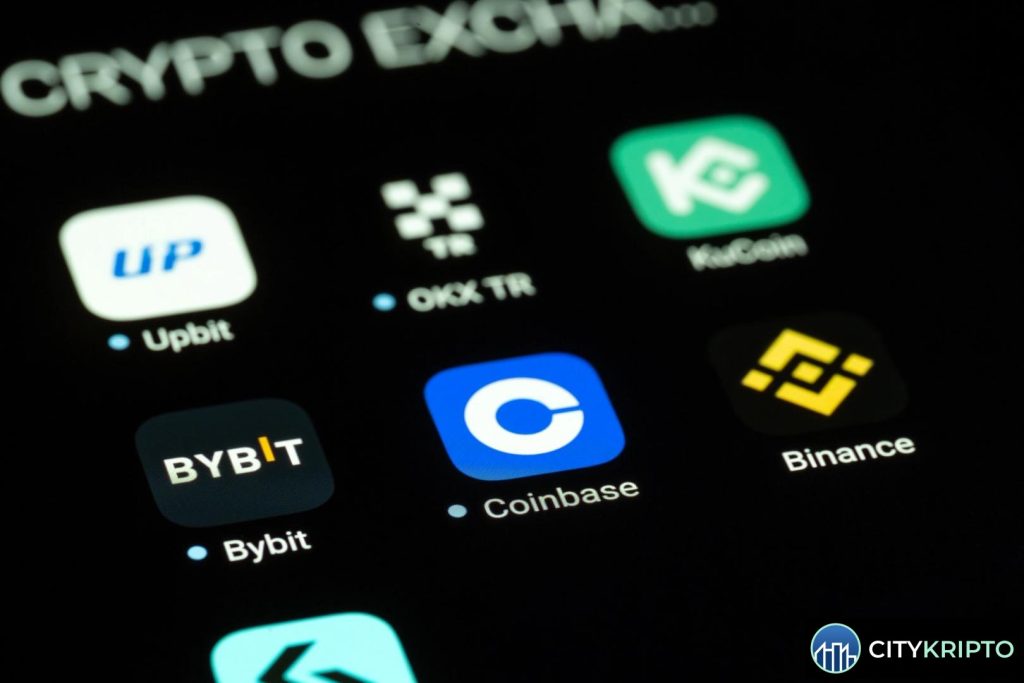Логотип Coinbase на фоне блокчейн-сети с символами акций и дивидендов