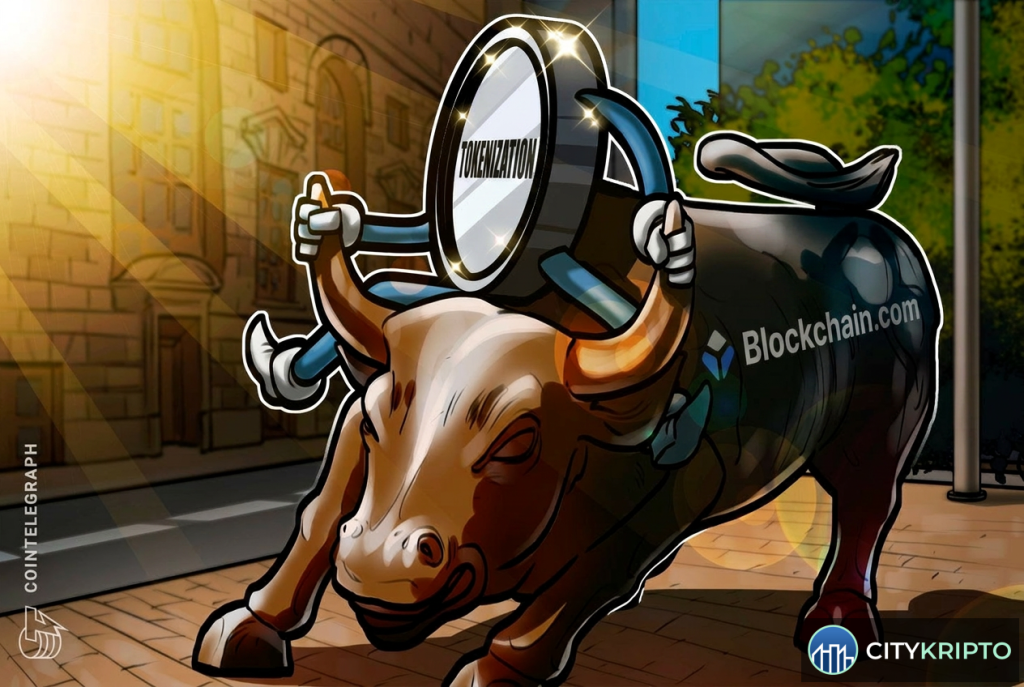 Логотип Blockchain.com и Ondo Finance на фоне графиков токенизированных акций и криптовалют