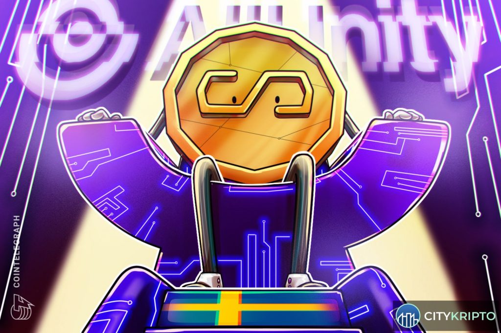 Логотип стейблкоина SEKAU от AllUnity на фоне блокчейн-сетей