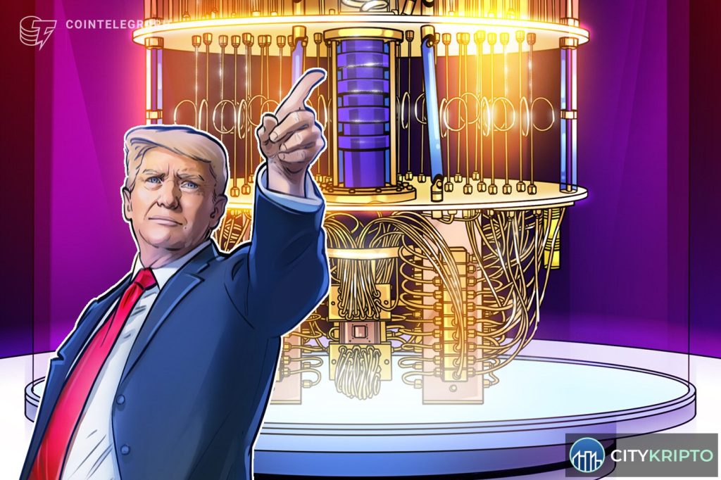 Дональд Трамп подписывает указы о квантовых компьютерах и криптографии на фоне графиков Bitcoin и USDT