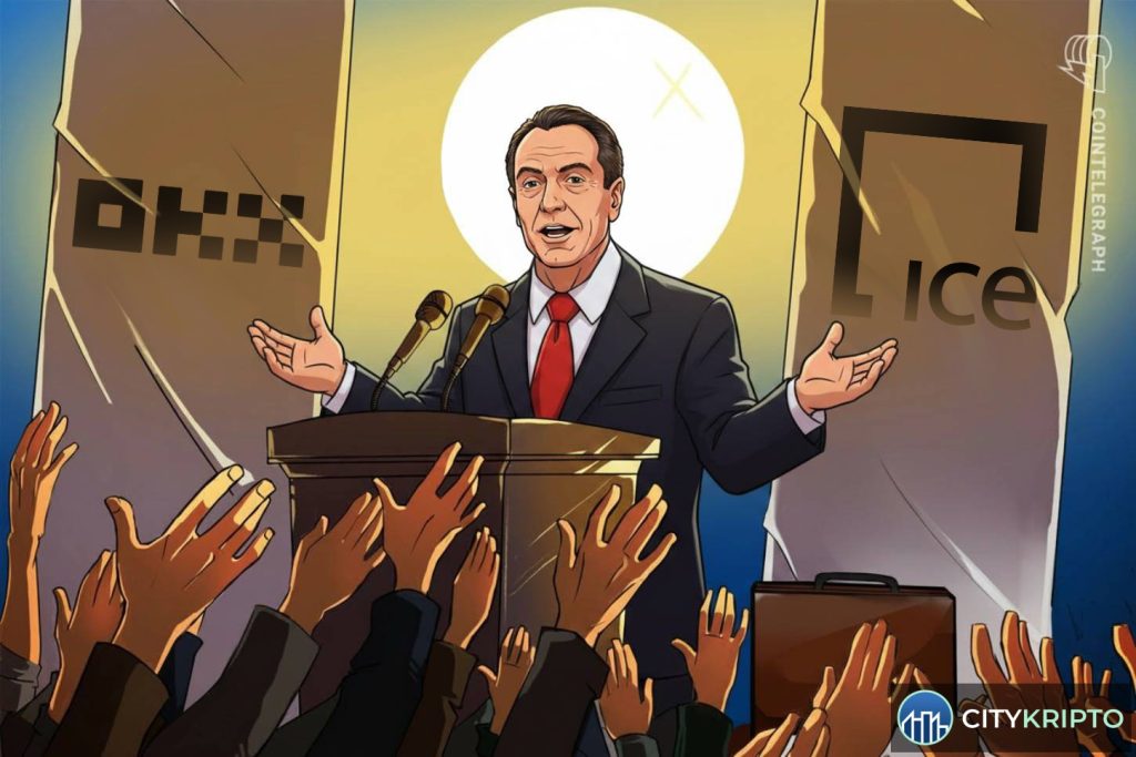Эндрю Куомо и логотипы OKX и ICE на фоне графиков криптовалют