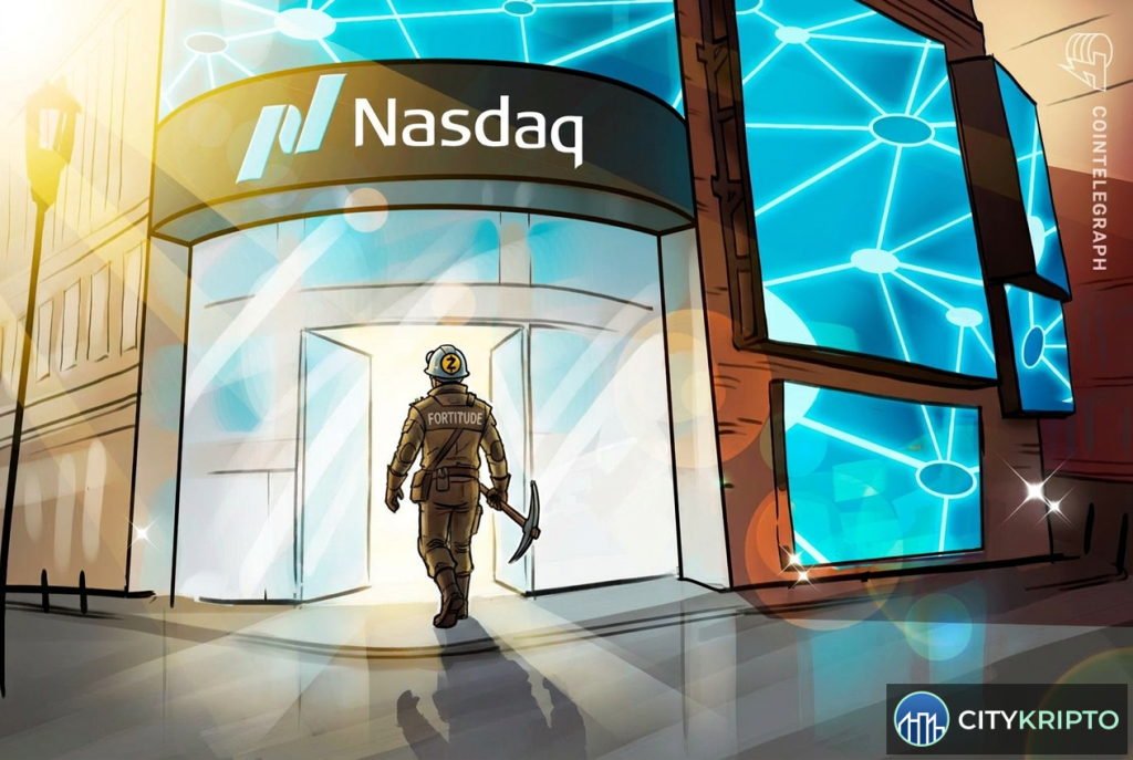 Логотип Fortitude и Nasdaq на фоне графиков криптовалют