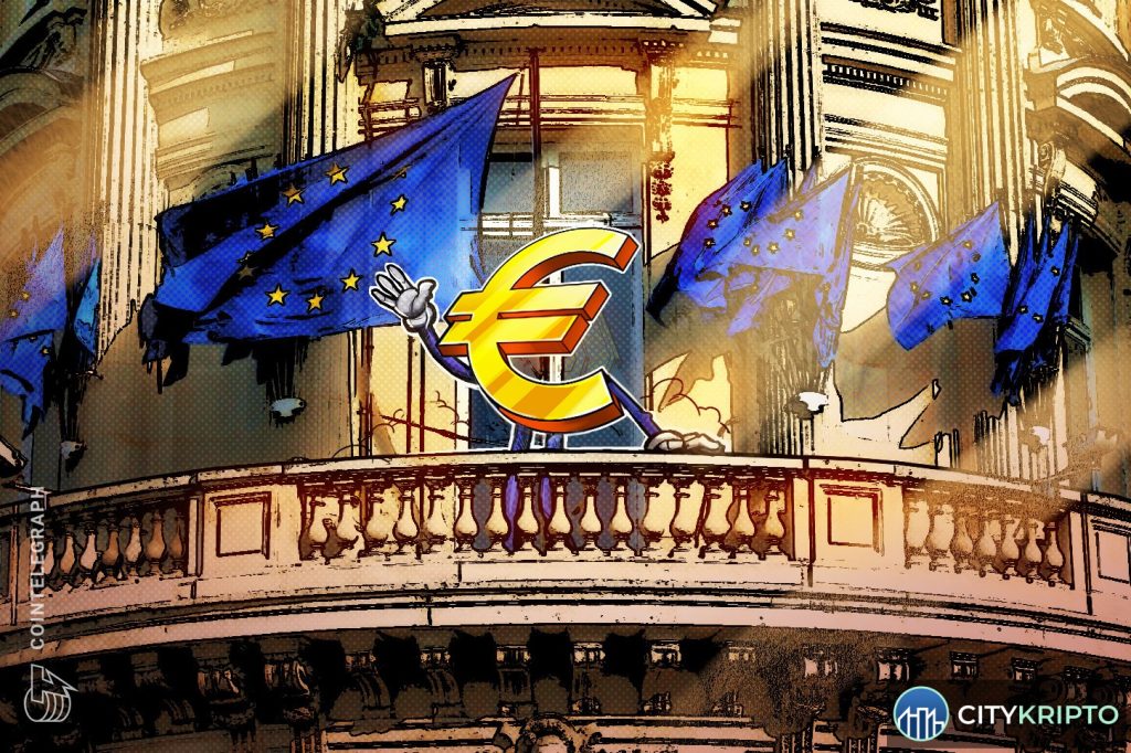 Флаг ЕС и символ цифрового евро на фоне графиков криптовалют
